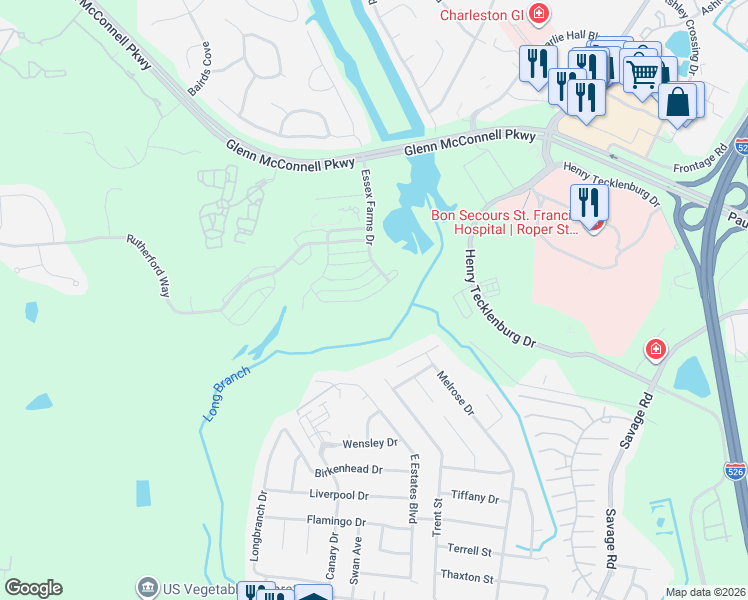 map of restaurants, bars, coffee shops, grocery stores, and more near 2369 Eagle Creek Drive in Charleston