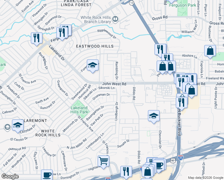 map of restaurants, bars, coffee shops, grocery stores, and more near 8625 Sikorski Lane in Dallas