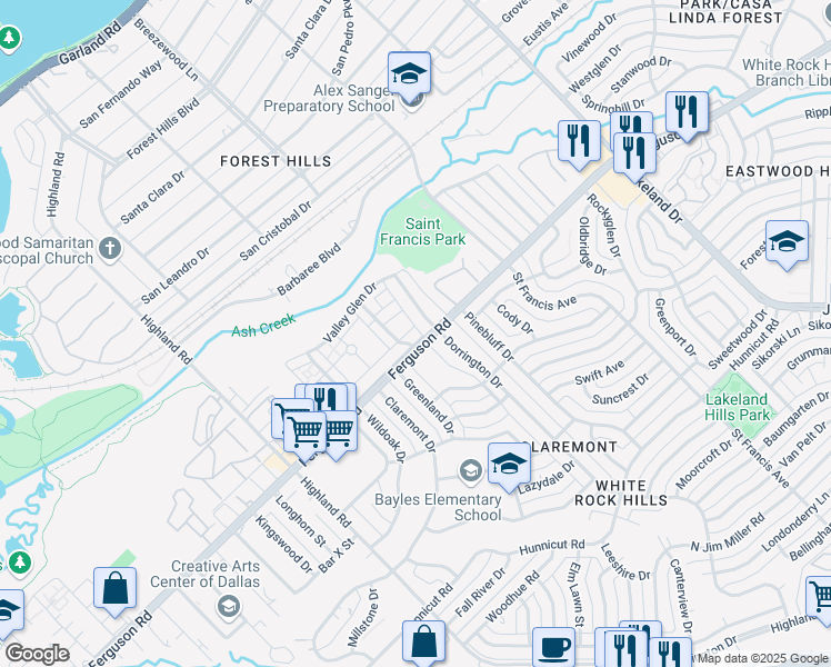 map of restaurants, bars, coffee shops, grocery stores, and more near 2235 Hollybush Drive in Dallas