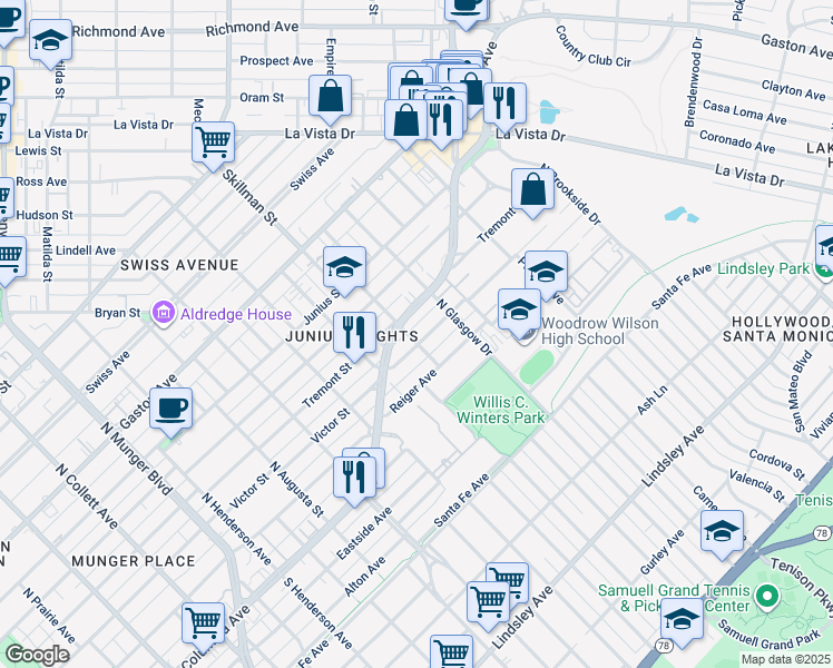 map of restaurants, bars, coffee shops, grocery stores, and more near 1510 Abrams Road in Dallas