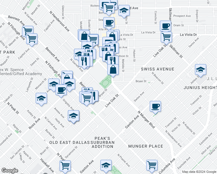 map of restaurants, bars, coffee shops, grocery stores, and more near 1506 North Garrett Avenue in Dallas