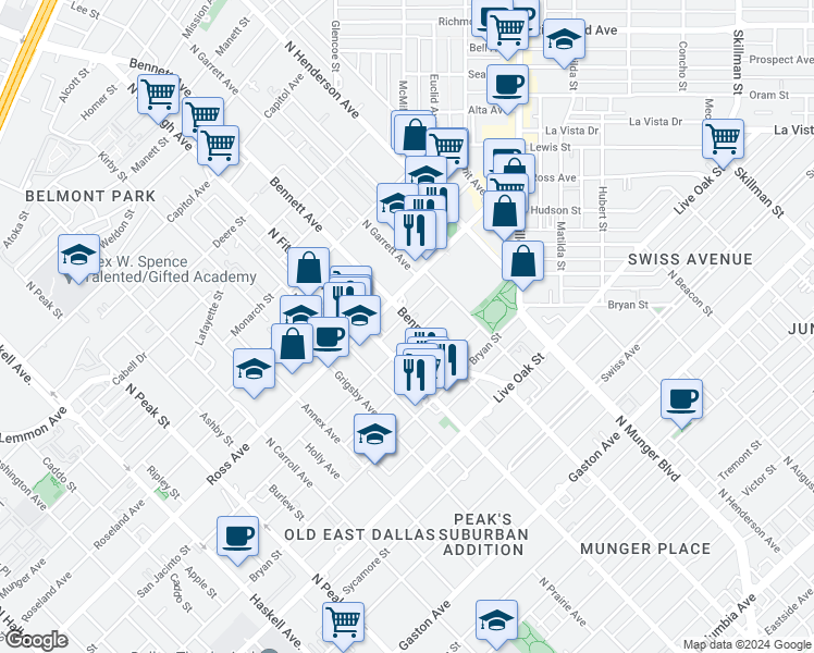 map of restaurants, bars, coffee shops, grocery stores, and more near 5005 San Jacinto Street in Dallas