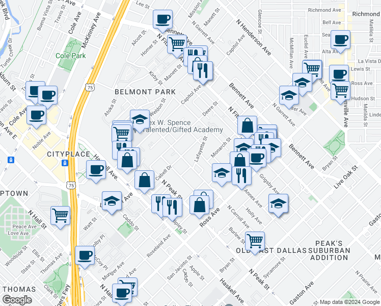 map of restaurants, bars, coffee shops, grocery stores, and more near 4528 Cabell Drive in Dallas