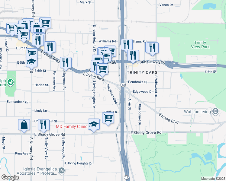 map of restaurants, bars, coffee shops, grocery stores, and more near 1820 East Irving Boulevard in Irving