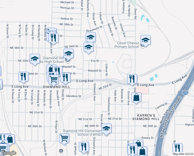 map of restaurants, bars, coffee shops, grocery stores, and more near 3456 Schwartz Avenue in Fort Worth