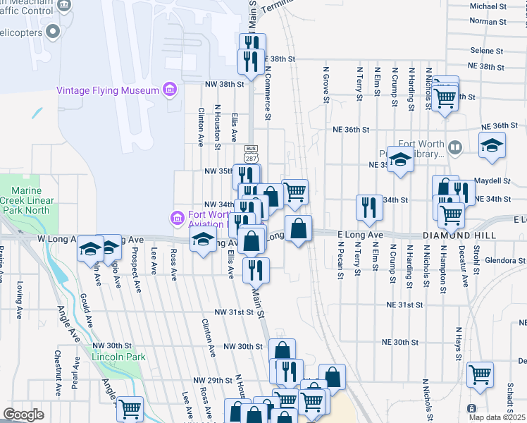 map of restaurants, bars, coffee shops, grocery stores, and more near 3320 North Commerce Street in Fort Worth
