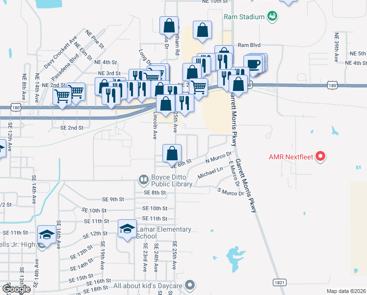map of restaurants, bars, coffee shops, grocery stores, and more near 507 Southeast 26th Avenue in Mineral Wells