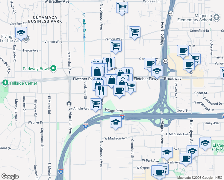 map of restaurants, bars, coffee shops, grocery stores, and more near 575 Fletcher Parkway in El Cajon