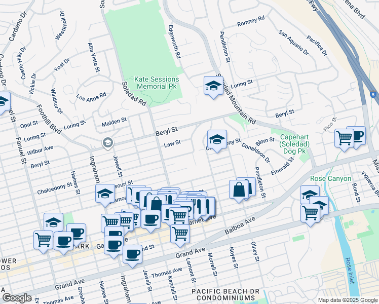 map of restaurants, bars, coffee shops, grocery stores, and more near 2016 Chalcedony Street in San Diego