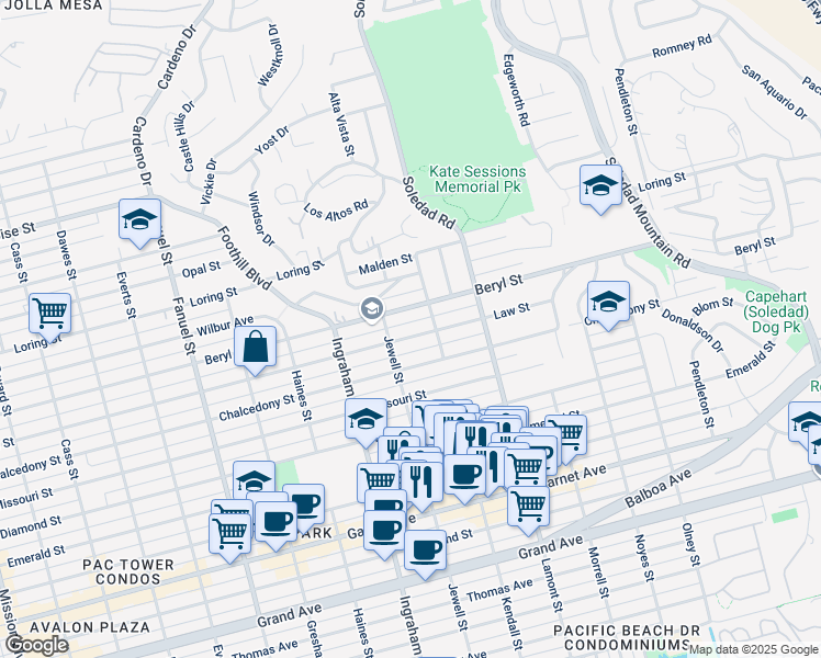 map of restaurants, bars, coffee shops, grocery stores, and more near 1737 Beryl Street in San Diego