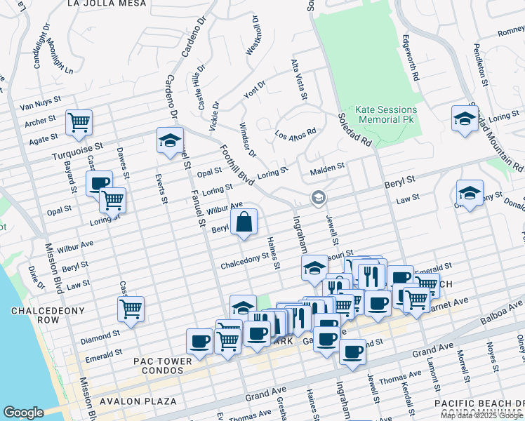 map of restaurants, bars, coffee shops, grocery stores, and more near Wilbur Avenue in San Diego