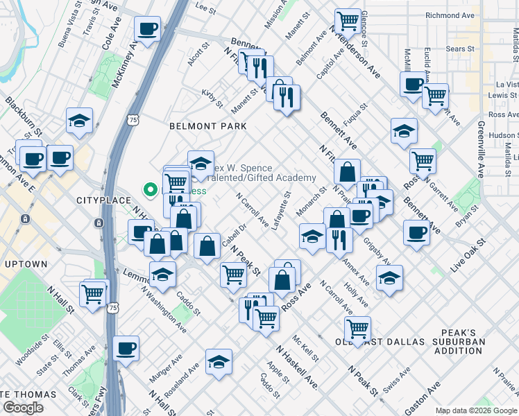 map of restaurants, bars, coffee shops, grocery stores, and more near 2218 North Carroll Avenue in Dallas