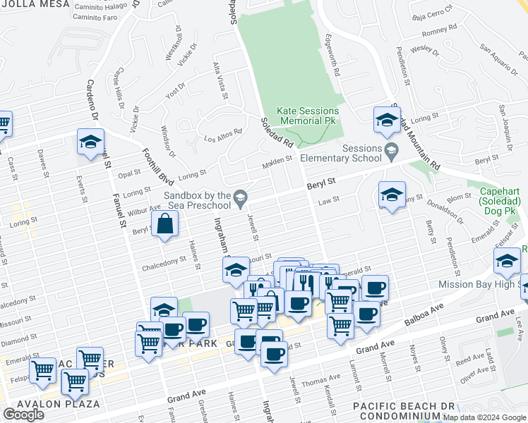 map of restaurants, bars, coffee shops, grocery stores, and more near 1738 Law Street in San Diego