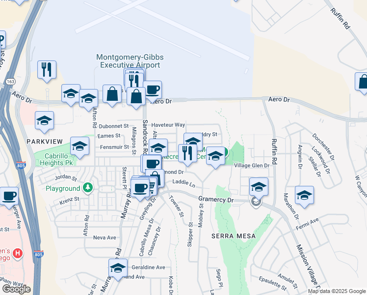 map of restaurants, bars, coffee shops, grocery stores, and more near 3488 Ediwhar Avenue in San Diego