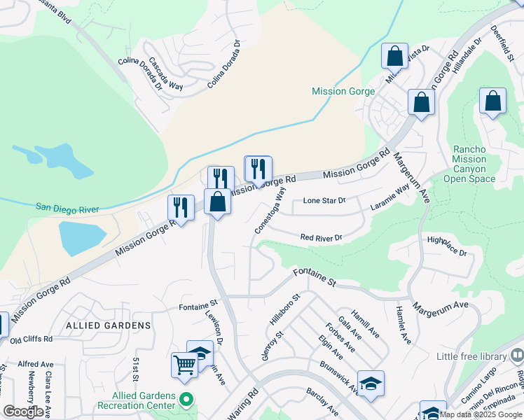 map of restaurants, bars, coffee shops, grocery stores, and more near 5449 Chaparajos Court in San Diego