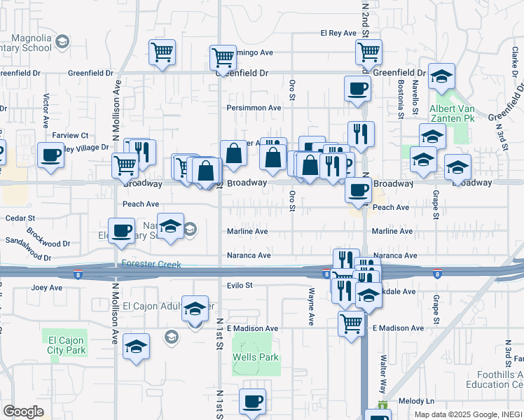 map of restaurants, bars, coffee shops, grocery stores, and more near 1153 Peach Avenue in El Cajon
