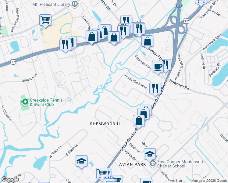 map of restaurants, bars, coffee shops, grocery stores, and more near 1075 South Shadow Drive in Mount Pleasant