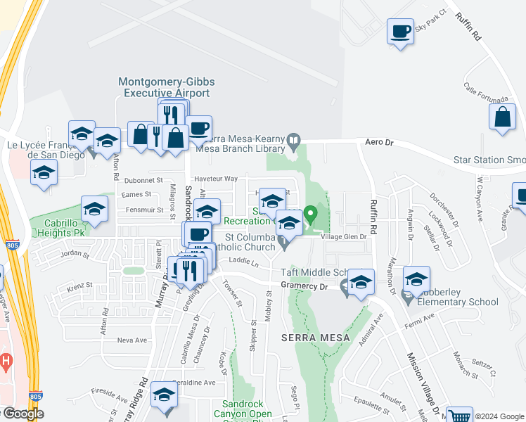 map of restaurants, bars, coffee shops, grocery stores, and more near 8935 Sovereign Road in San Diego