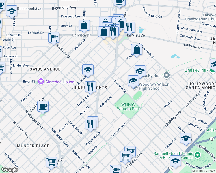 map of restaurants, bars, coffee shops, grocery stores, and more near 5911 Victor Street in Dallas