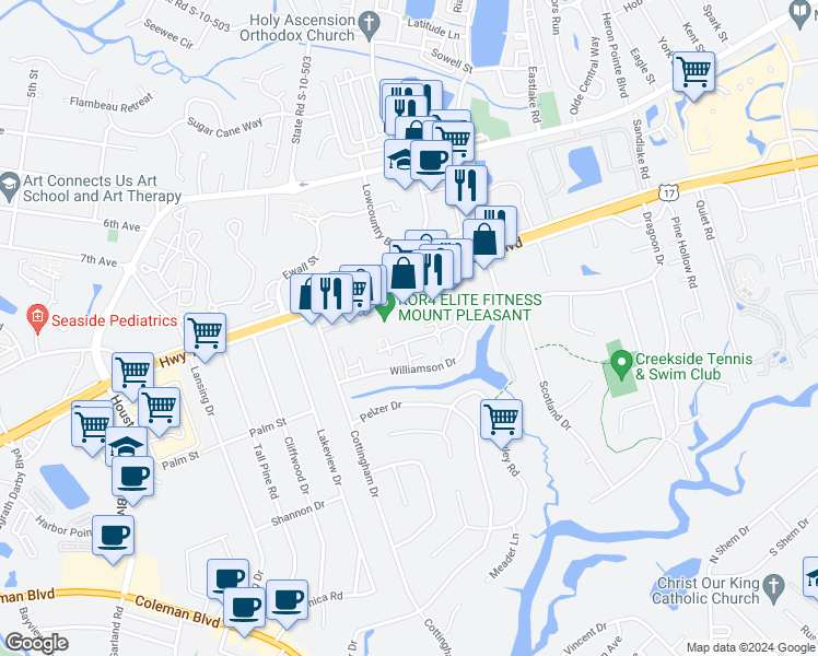 map of restaurants, bars, coffee shops, grocery stores, and more near 979 Baytree Circle in Mount Pleasant