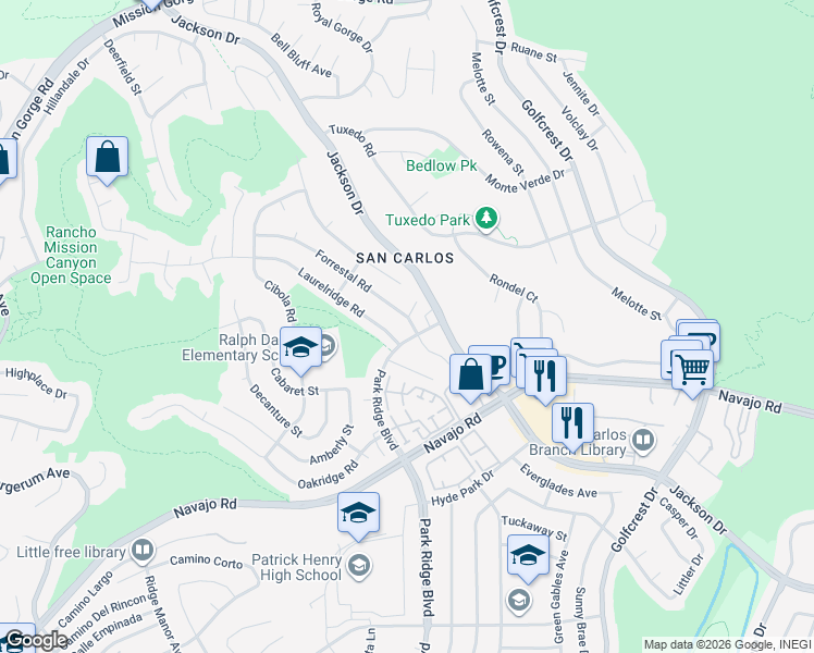 map of restaurants, bars, coffee shops, grocery stores, and more near 7737 Forrestal Road in San Diego