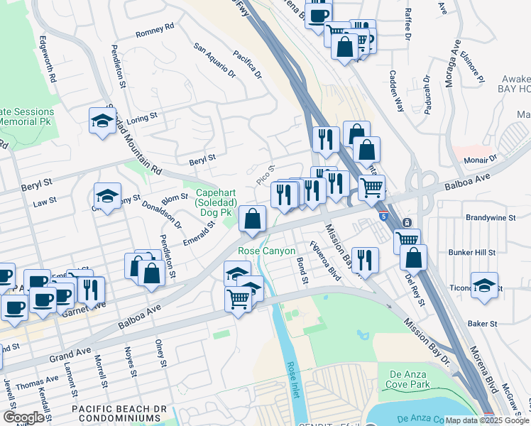 map of restaurants, bars, coffee shops, grocery stores, and more near 114 Pico Place in San Diego