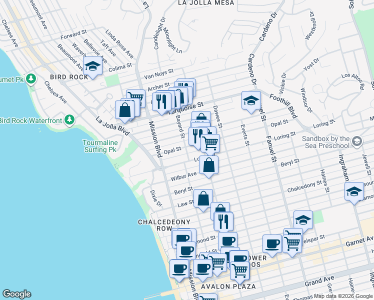 map of restaurants, bars, coffee shops, grocery stores, and more near 906 Opal Street in San Diego
