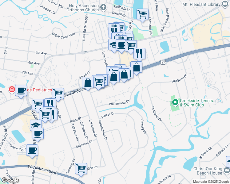 map of restaurants, bars, coffee shops, grocery stores, and more near 979 Bay Tree Circle in Mount Pleasant