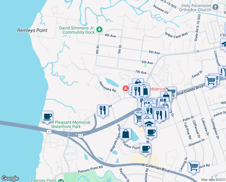map of restaurants, bars, coffee shops, grocery stores, and more near 232 Alexandra Drive in Mount Pleasant