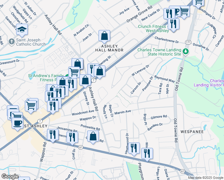 map of restaurants, bars, coffee shops, grocery stores, and more near 1431d Trailmore Drive in Charleston