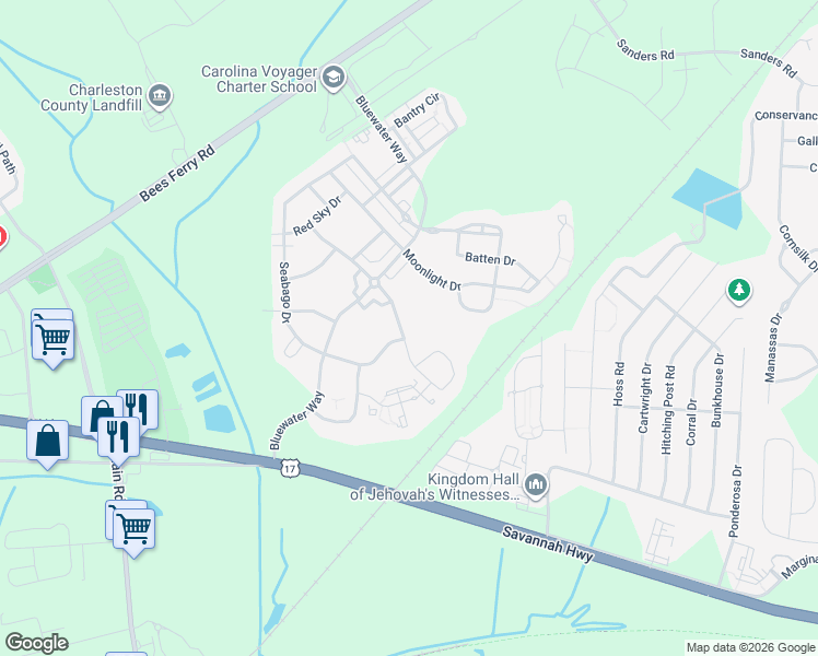map of restaurants, bars, coffee shops, grocery stores, and more near 1445 Seabago Drive in Charleston
