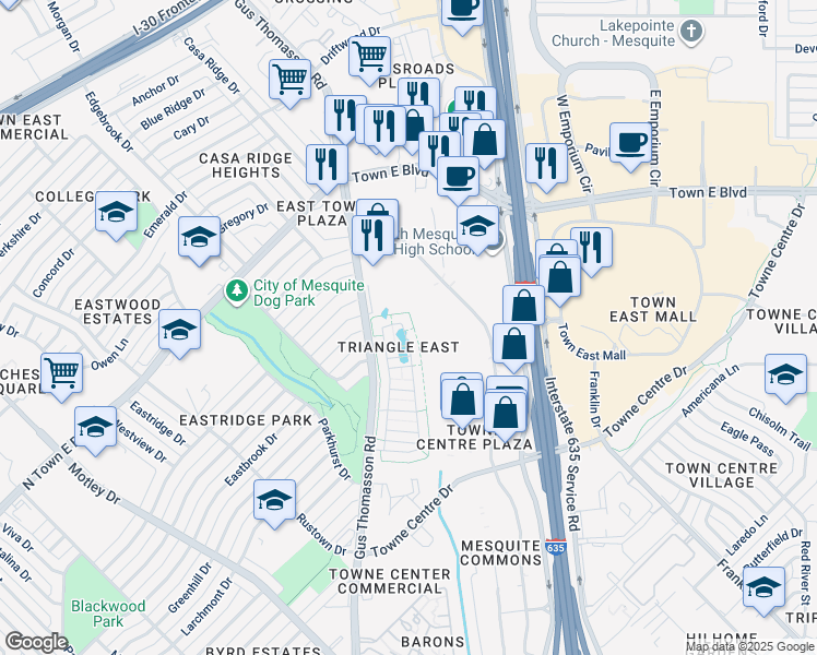 map of restaurants, bars, coffee shops, grocery stores, and more near 3301 North Mesquite Drive in Mesquite