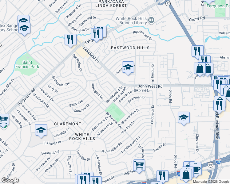 map of restaurants, bars, coffee shops, grocery stores, and more near 8570 Sweetwood Drive in Dallas