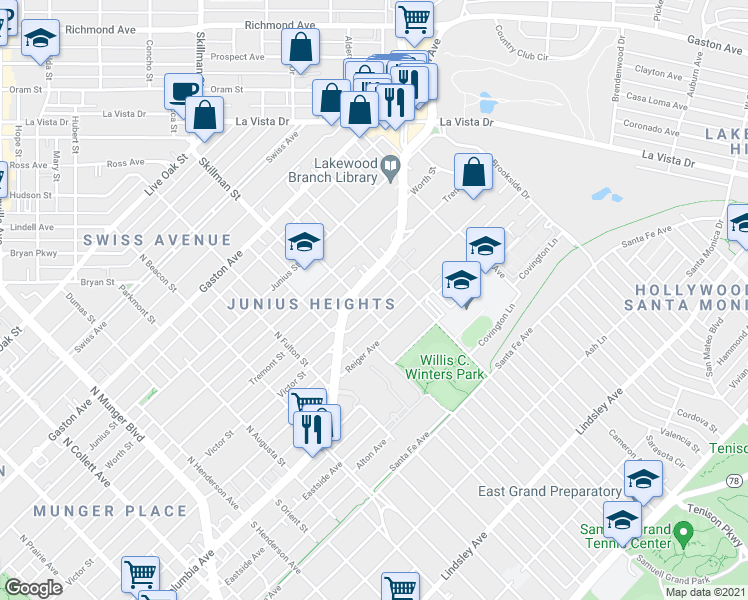 map of restaurants, bars, coffee shops, grocery stores, and more near 1510 Abrams Road in Dallas
