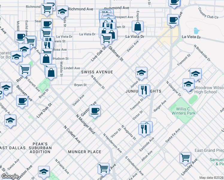 map of restaurants, bars, coffee shops, grocery stores, and more near 5601 Gaston Avenue in Dallas