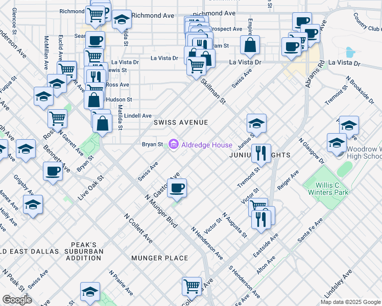 map of restaurants, bars, coffee shops, grocery stores, and more near 5597 Gaston Avenue in Dallas