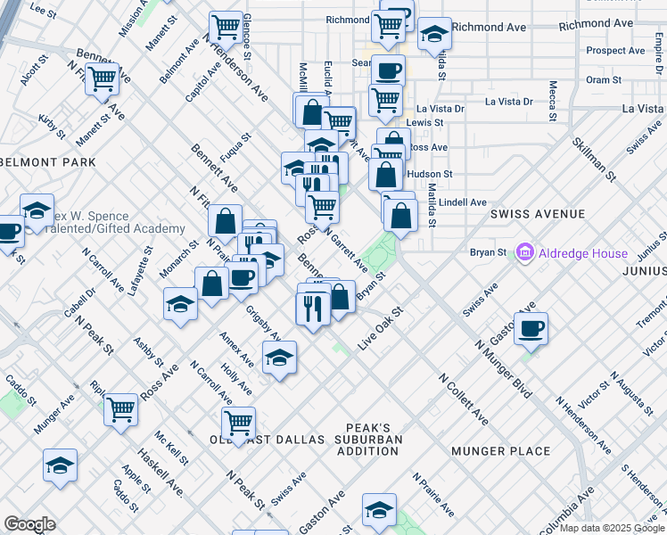 map of restaurants, bars, coffee shops, grocery stores, and more near 5005 San Jacinto Street in Dallas
