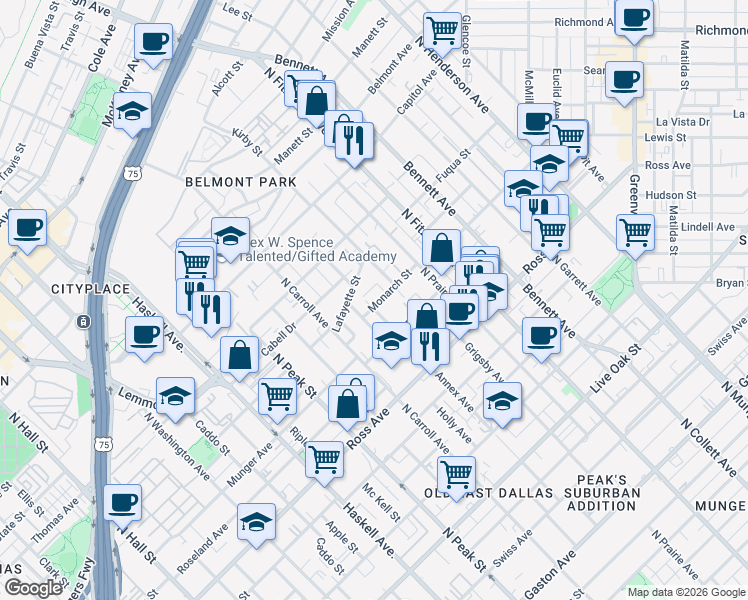 map of restaurants, bars, coffee shops, grocery stores, and more near 4609 Monarch Street in Dallas