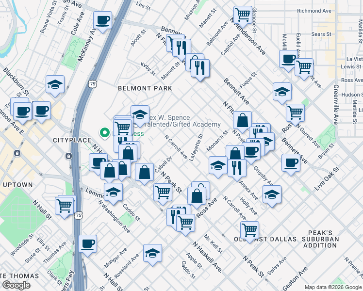 map of restaurants, bars, coffee shops, grocery stores, and more near 2218 North Carroll Avenue in Dallas
