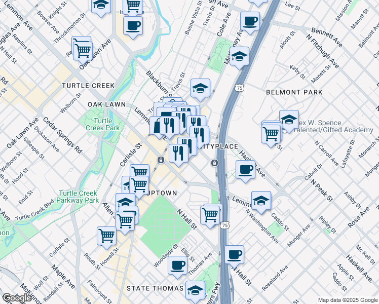 map of restaurants, bars, coffee shops, grocery stores, and more near 2901 Cityplace West Boulevard in Dallas