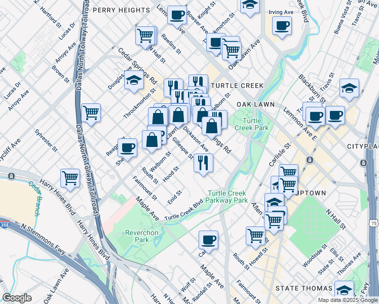 map of restaurants, bars, coffee shops, grocery stores, and more near 3610 Gillespie Street in Dallas