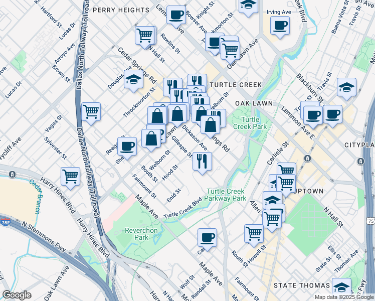 map of restaurants, bars, coffee shops, grocery stores, and more near 3610 Gillespie Street in Dallas