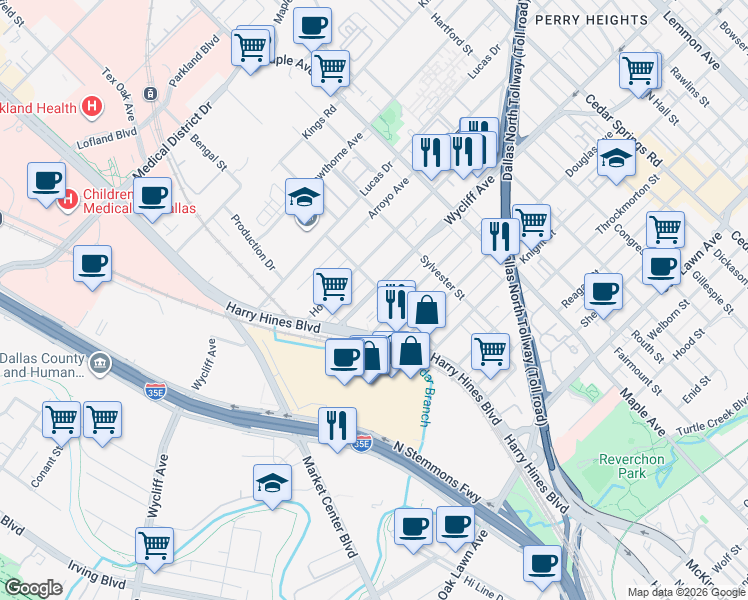 map of restaurants, bars, coffee shops, grocery stores, and more near 2238 Wycliff Avenue in Dallas