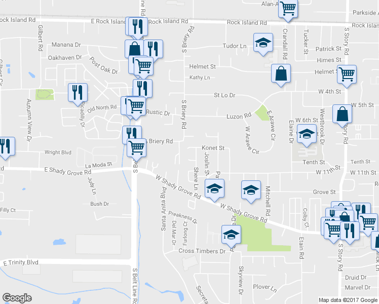 map of restaurants, bars, coffee shops, grocery stores, and more near 3218 Konet Street in Irving