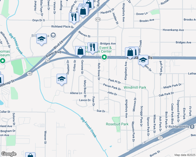 map of restaurants, bars, coffee shops, grocery stores, and more near 3112 Faye Drive in Richland Hills