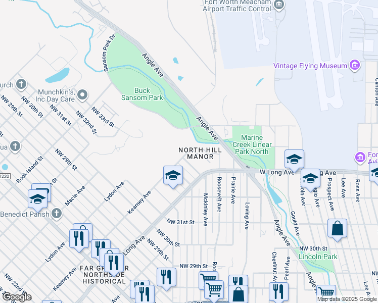 map of restaurants, bars, coffee shops, grocery stores, and more near 2722 Northwest 35th Street in Fort Worth