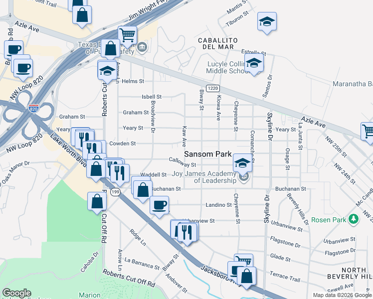map of restaurants, bars, coffee shops, grocery stores, and more near 5705 Cowden Street in Fort Worth