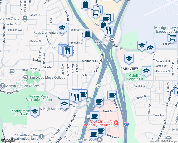 map of restaurants, bars, coffee shops, grocery stores, and more near 7980 Linda Vista Road in San Diego