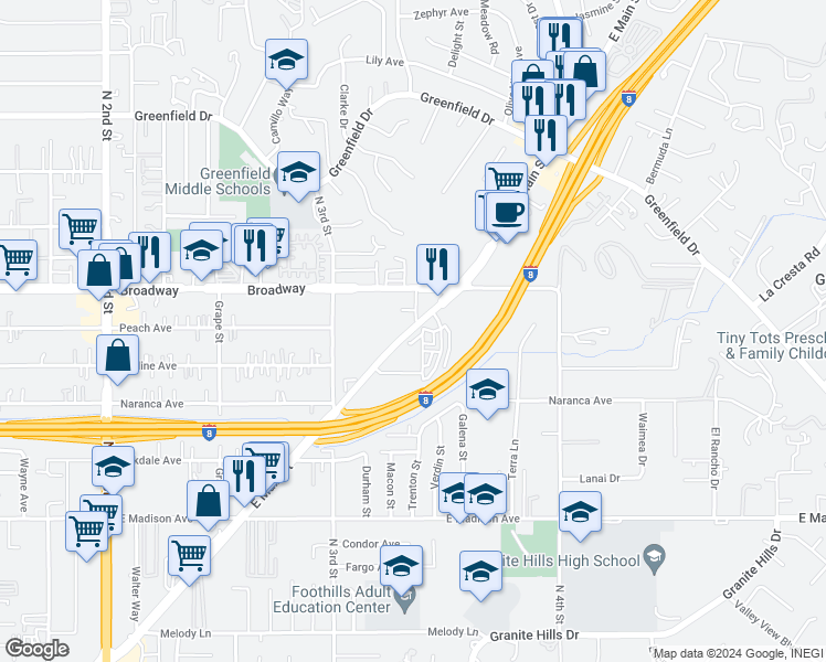 map of restaurants, bars, coffee shops, grocery stores, and more near 1581 East Main Street in El Cajon