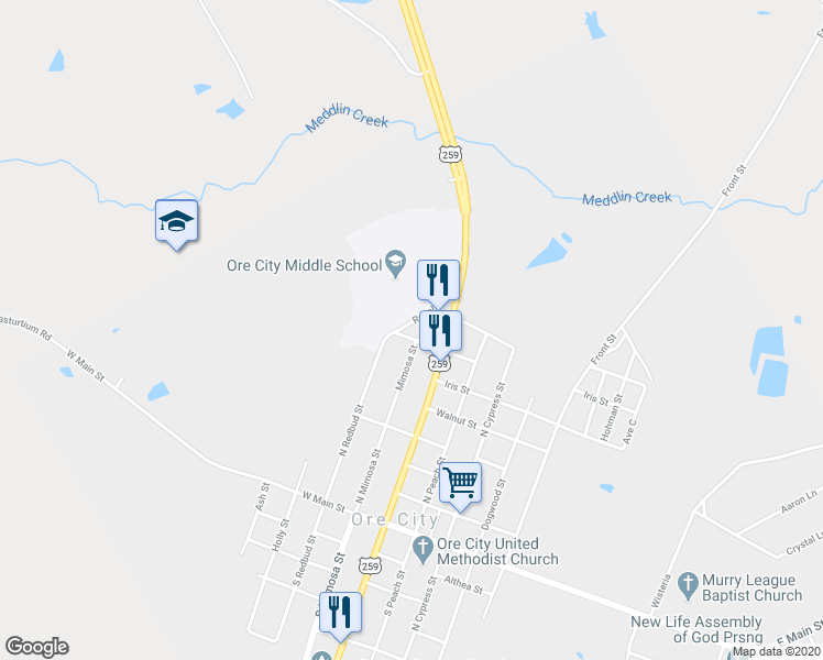map of restaurants, bars, coffee shops, grocery stores, and more near 301 Mimosa Street in Ore City